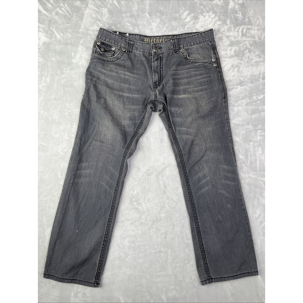 VTG Victorious Jeans Mens Black 38/33 Embroidery Pockets Baggy Y2K